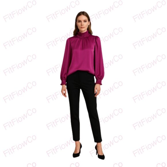 ZARA Tops - 👚ZARA Satin Ruffle Mock Neck Blouse – Magenta – Size XS- Worn once